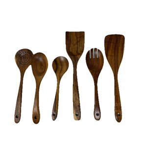 Zulay Set Of 6 Teak Wooden Kitchen Utensils Spatulas Spoons MCM